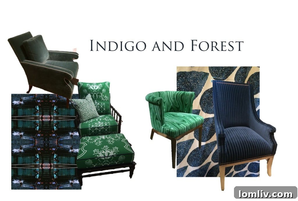 Denise McGaha's High Point Market Trend Forecast 3 Home interior showcasing a rich indigo blue sofa paired with forest green accent pillows, exemplifying a sophisticated color trend.