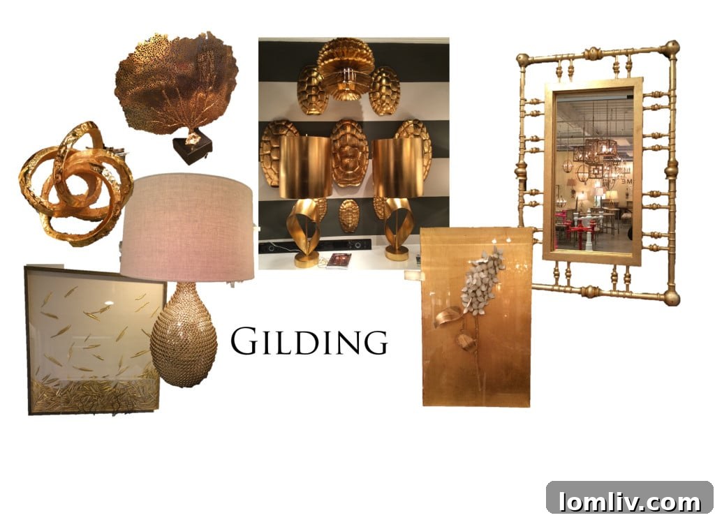 Denise McGaha's High Point Market Trend Forecast 4 Close-up of gilded furniture accents, showcasing a luxurious blend of gold finishes like antique brass and polished gold in home decor.