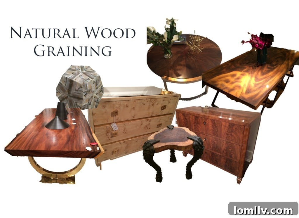 Denise McGaha's High Point Market Trend Forecast 5 Natural wood grain furniture pieces showcasing the beauty of organic textures like burl wood and intricate inlays in contemporary home design.