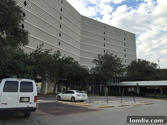 The full exterior view of the historic yet dilapidated Cabana Motor Hotel, Dallas