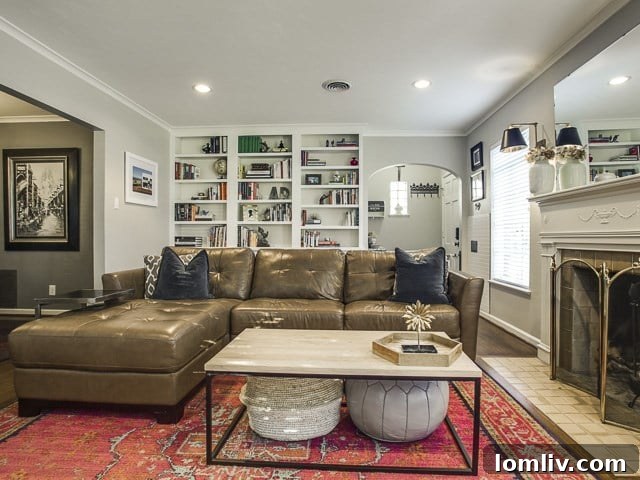 Bright and airy living room with a cozy fireplace, showing original hardwood floors.