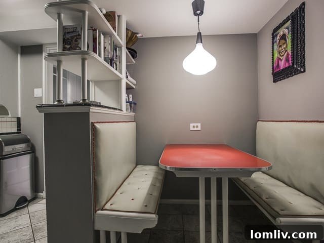 Cozy kitchen breakfast nook, resembling a classic diner booth, perfect for casual dining.