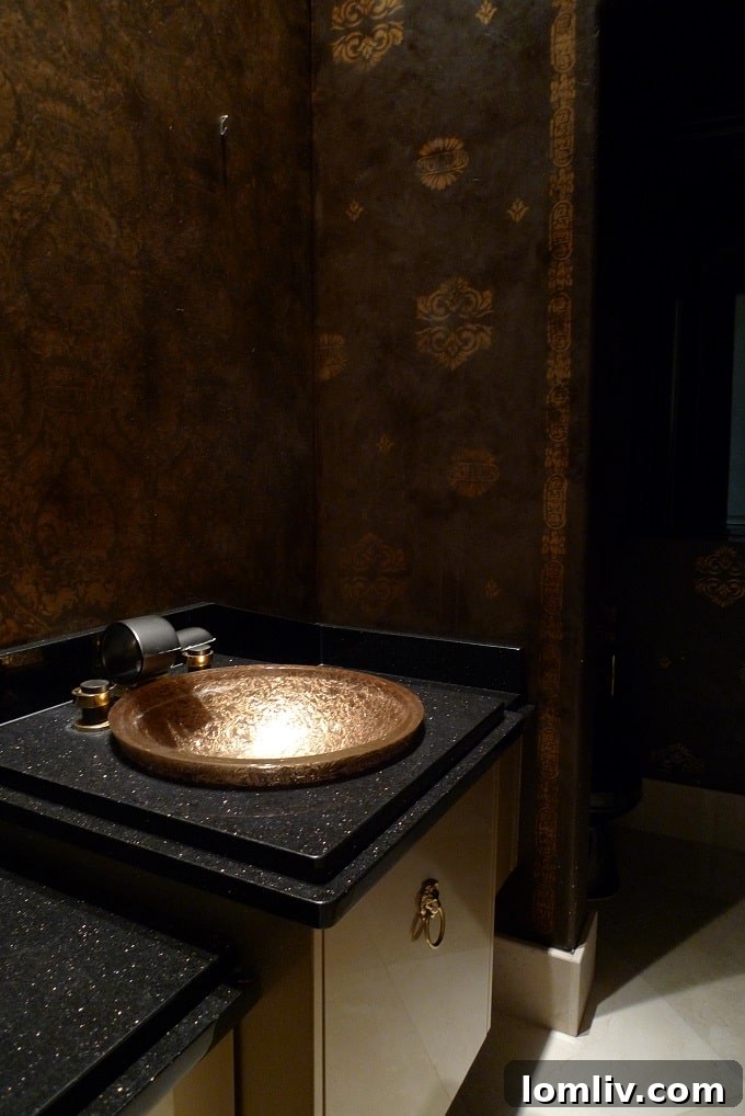 Stylish powder room with unique decor and sophisticated design