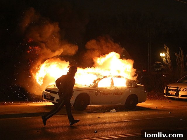 A police officer stands near a burning car amidst the Ferguson, Mo., riots, following the grand jury's decision regarding Darren Wilson. This image powerfully contrasts with the quiet police activity in affluent suburban areas, highlighting the diverse challenges faced by communities and law enforcement across the nation.