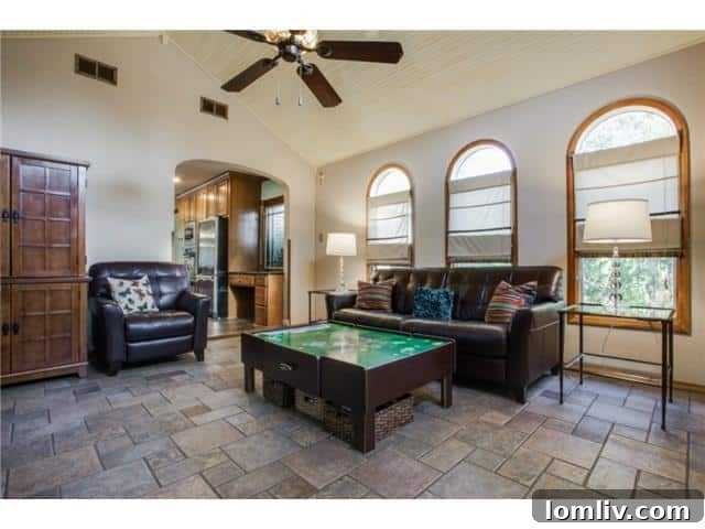 Light-filled den area with expansive windows offering panoramic views of the backyard