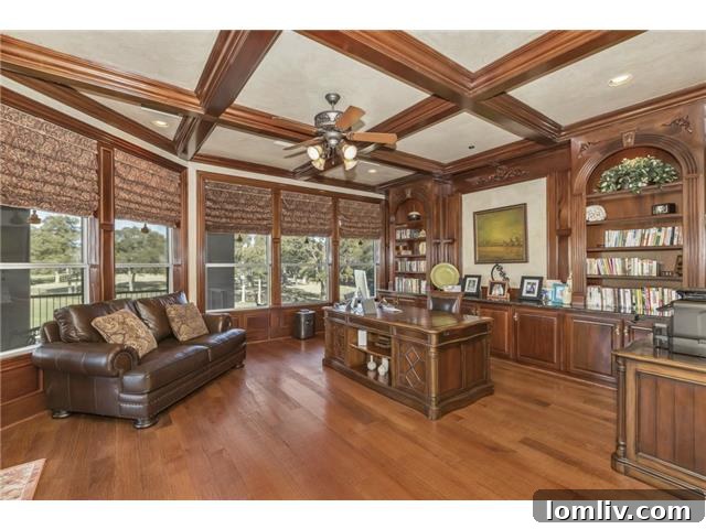 Elegant home library or office space with built-in shelving.