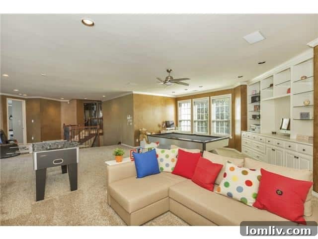 Spacious gameroom with ample space for entertainment.
