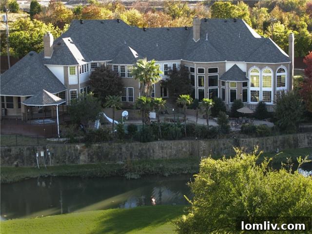 Aerial overview of the 50 Picadilly Park estate, highlighting its vast grounds and private pond.