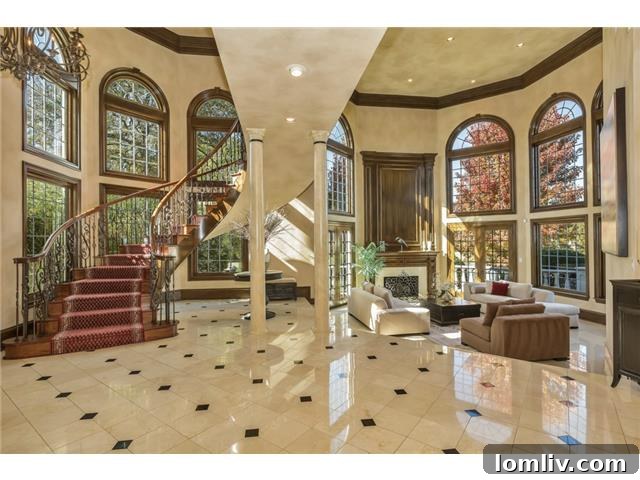 Grand foyer of 50 Picadilly Park, featuring marble floors and high ceilings.