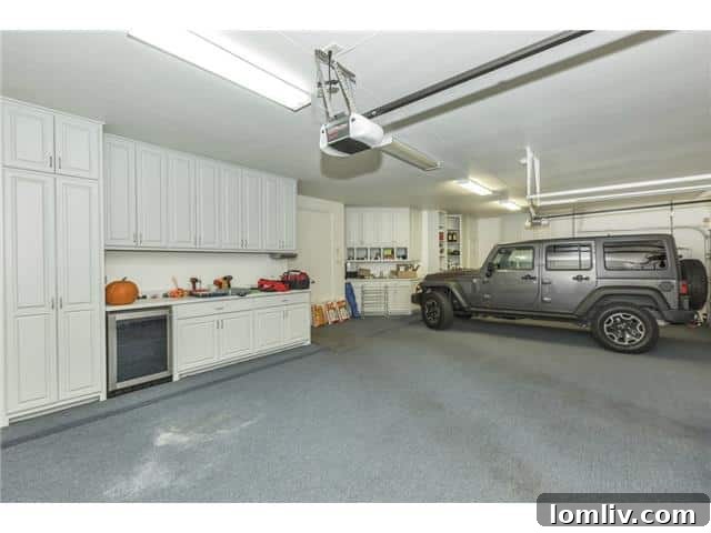 Spacious, custom-designed garage with workbench and specialty flooring.
