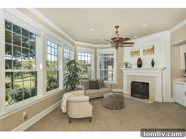Spacious master bedroom sitting area with large windows and comfortable seating.