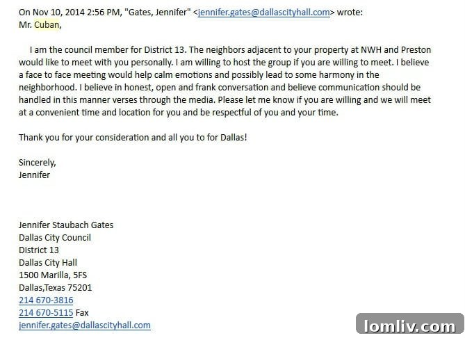 Mark Cuban's Letters to Jennifer Staubach Gates Take a Swipe at Neighbors 3 Email from Jennifer Gates to Mark Cuban initiating dialogue for community harmony