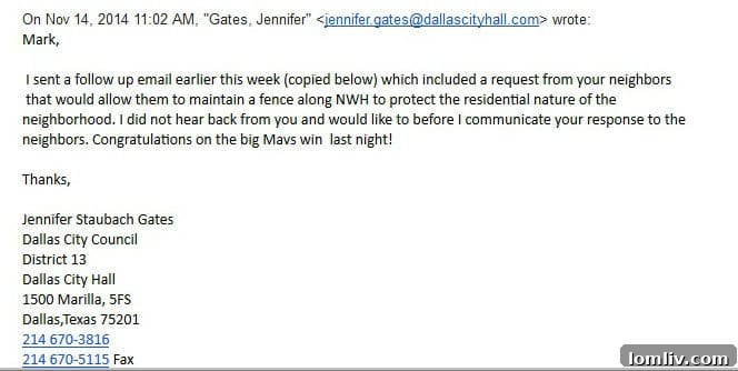 Mark Cuban's Letters to Jennifer Staubach Gates Take a Swipe at Neighbors 6 Follow-up email from Jennifer Gates reiterating the fence request