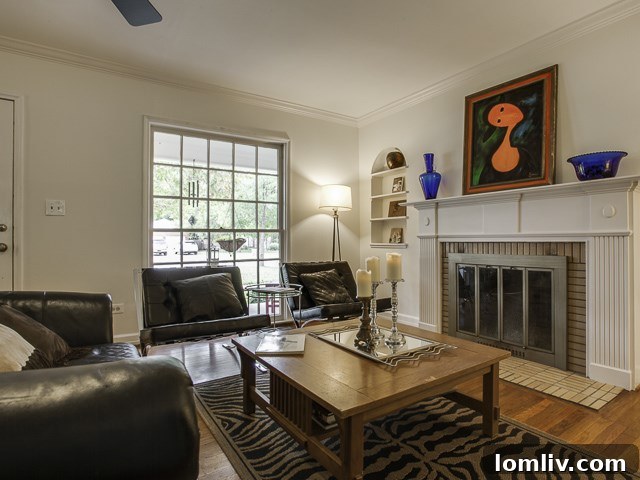 Seeking East Dallas Midcentury Original Hardwoods This Christmas 5 Detail of a cozy corner showcasing the wood-burning fireplace and warm ambiance at 1422 Tranquilla Dr