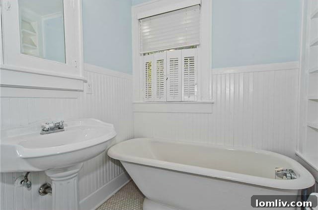 Historic North Oak Cliff Tudor: Stained Glass and Chambers Stove Legacy 17 Charming second bathroom showcasing a vintage tub, penny tile flooring, and stylish beadboard paneling