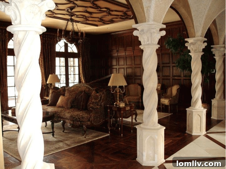 A sophisticated and inviting entryway or hallway designed by Russell Ross, featuring intricate details and a grand scale.