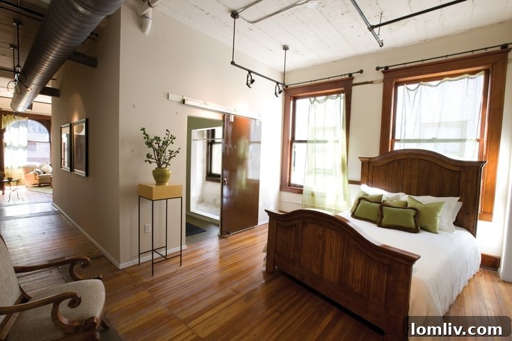 Interior of a studio bedroom at The Wilson building with a large window.