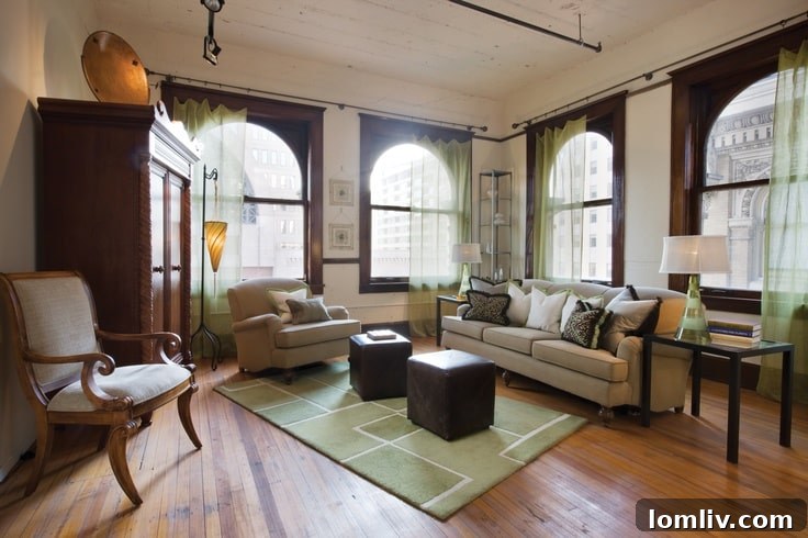 Living room area of a studio apartment at The Wilson with exposed ductwork.