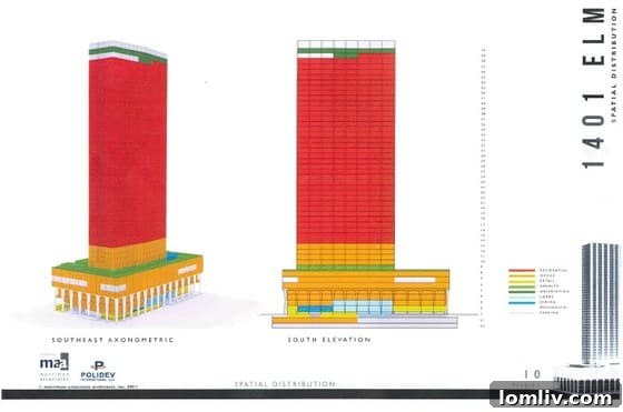 Architectural Elevation Diagram of 1401 Elm, a 52-story mixed-use tower in downtown Dallas