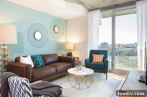 SkyHouse Dallas modern living room with large windows overlooking the city