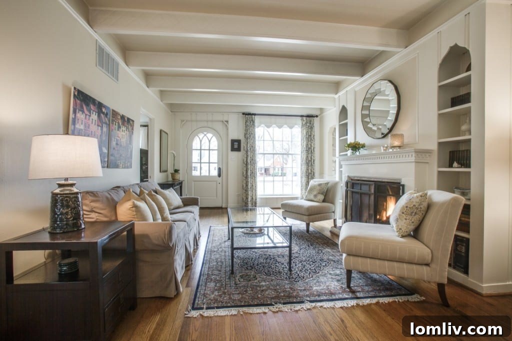 Bright white walls and exposed beam ceilings create an airy feel