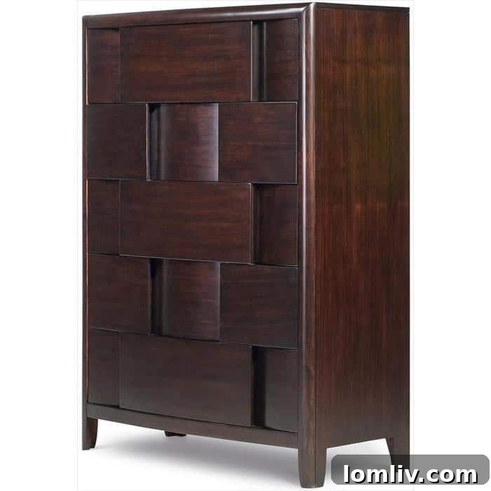 Elegant Magnussen Home Chest with dark chestnut finish and unique dimensional drawer fronts, perfect for modern bedroom storage.