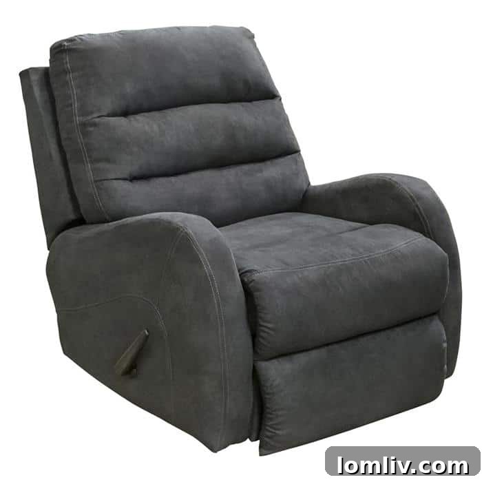 Contemporary Southern Motion Krypto Rocker Recliner in dark slate, offering tailored comfort for new parents without sacrificing style.