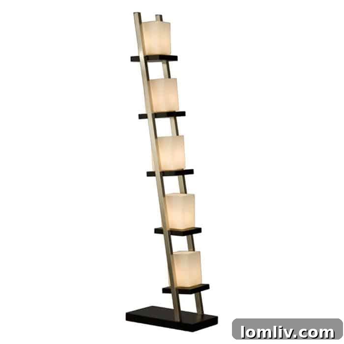 Modern Nova Escalier Five Light Floor Lamp with frosted glass shades, dark wood platforms, and brushed nickel accents, providing elegant ambient lighting.