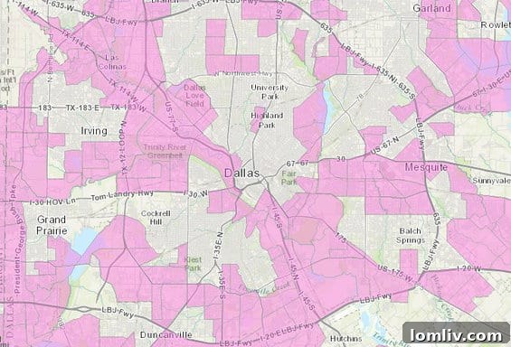 USDA map highlighting Dallas areas with food access challenges