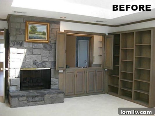 Before perspective correction: A room shot straight on, appearing smaller and less inviting without color correction.
