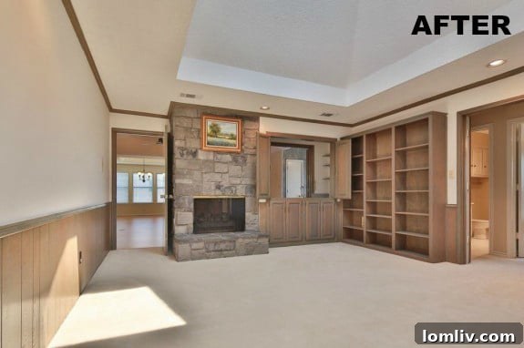 After perspective correction: The same room captured with a wider angle and professional color correction, showcasing its true size and appeal.
