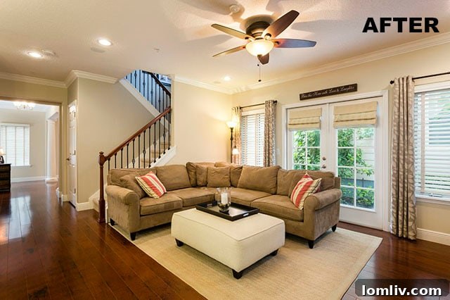 After professional lighting and framing: The same living room, now brightly lit and expertly framed, appears spacious and highly appealing.
