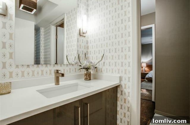 Shared updated bathroom with a marvelous contemporary vanity
