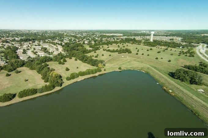Overhead view of the sprawling Emerald Lake property in McKinney, highlighting its natural features and potential development areas