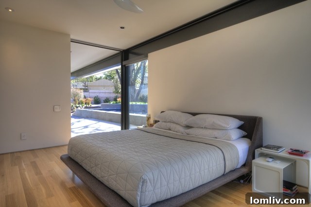 Master bedroom with views of the pool and backyard.
