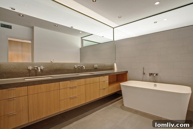 Spacious, spa-like master bathroom with clerestory windows and free-standing tub.