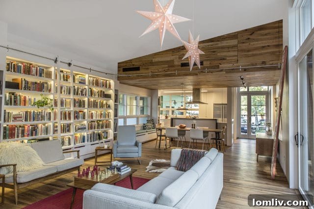 Upgraded interior with built-in bookshelves and floor-to-ceiling windows in a Studio Perk renovation.