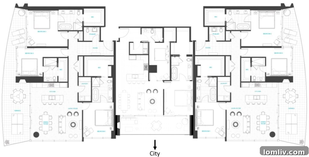 Architectural rendering of Unit 1501 at Bleu Ciel, showcasing a spacious open-concept living area with large windows overlooking the city.