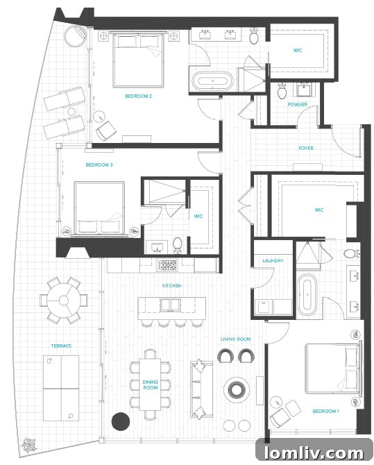 Floor plan or rendering highlighting the layout of Unit 2401 at Bleu Ciel, emphasizing its three-bedroom configuration and terrace.