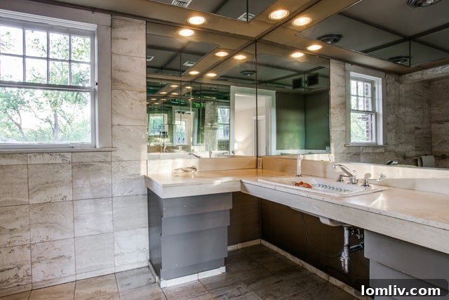 The master bath at 5803 Swiss Avenue, with extensive mirroring including soffits, presenting a unique renovation opportunity
