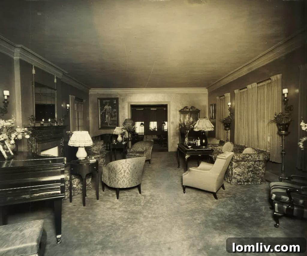 Vintage photo of Carrie Marcus House living room, showing carpet over oak floors and metallic wallpaper, with the original fireplace already removed