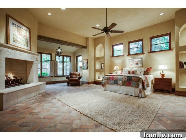 Large master bedroom suite with seating area and elegant decor