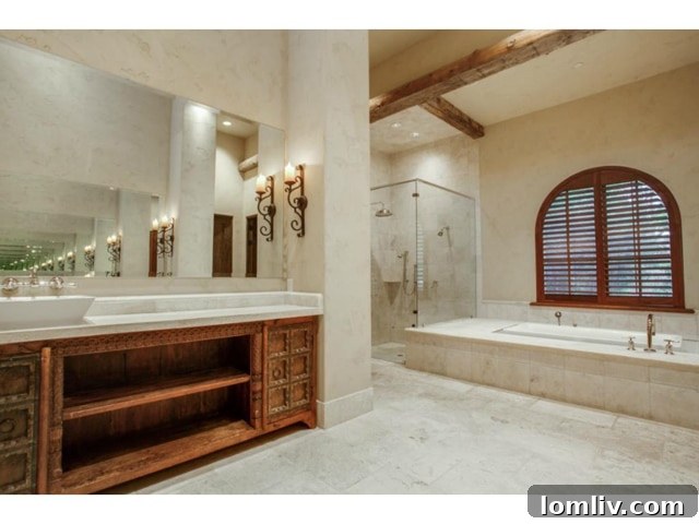 Luxurious master bathroom with large tub, dual vanities, and elegant tiling