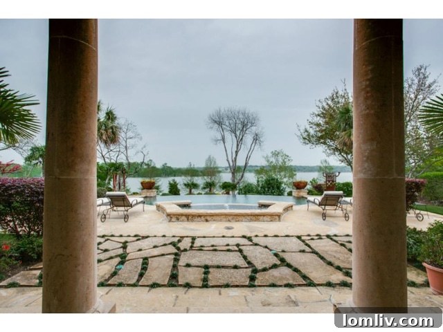 Tuscan-inspired loggia columns overlooking White Rock Lake at 4636 Chapel Hill Road