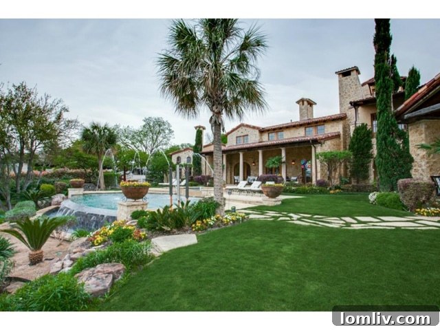 Expansive backyard with lush landscaping and direct lake access