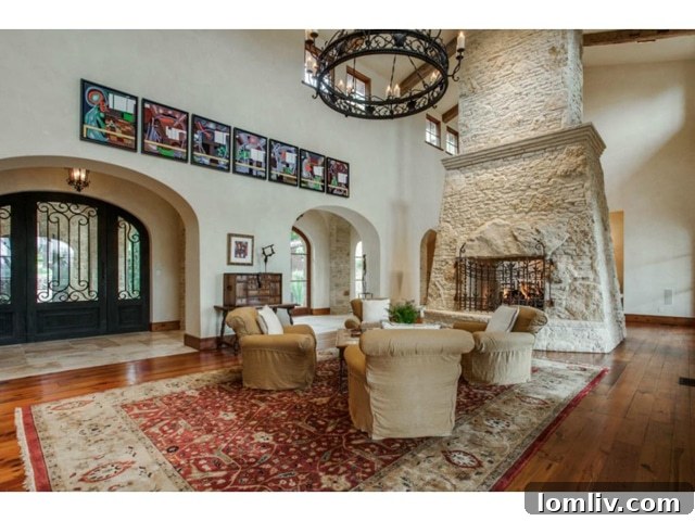 Luxurious great room with soaring ceilings and stone fireplace at 4636 Chapel Hill Road