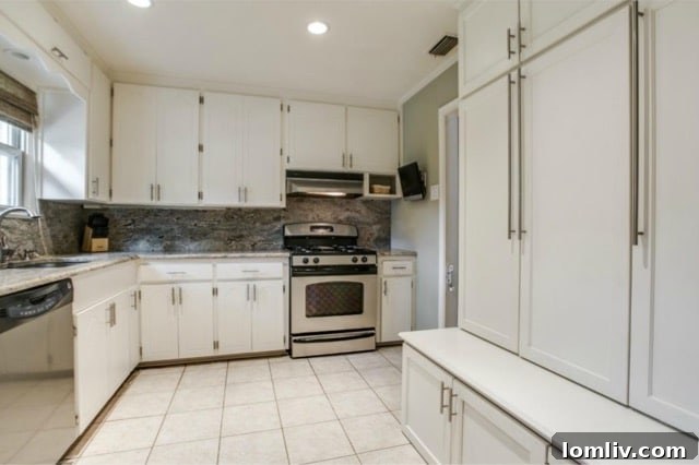A closer view of the granite backsplash and modern fixtures