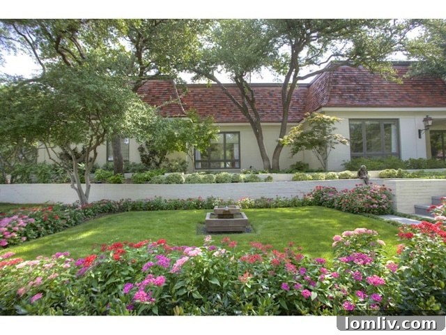 A serene water feature complements the well-manicured front yard landscaping of 6224 Indian Creek Drive, Fort Worth.