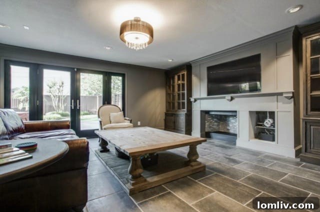 Expansive second living room with stylish gray-tan tiles and a decorative fireplace at 5824 Palm Ln