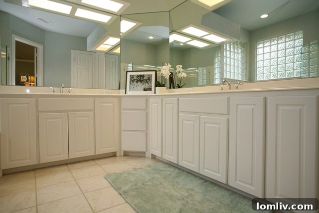 Elegant Master Bathroom Featuring Corian Surround and Dual Vanities